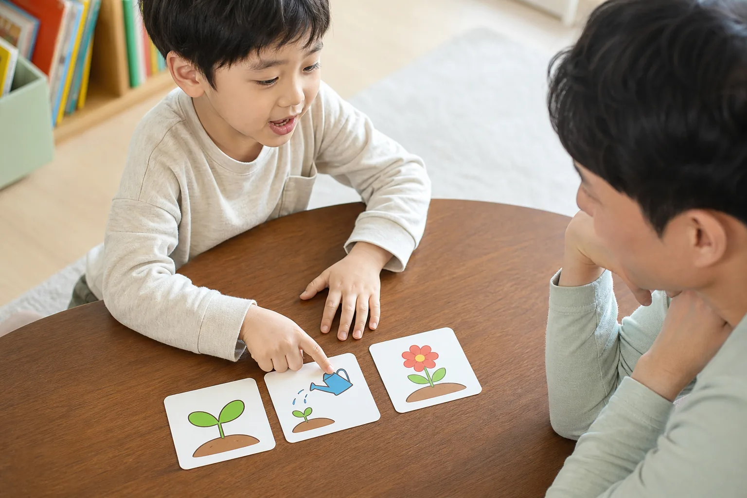 여섯 살 아이가 그림 카드 세 장을 순서대로 놓으며 이야기를 만드는 모습