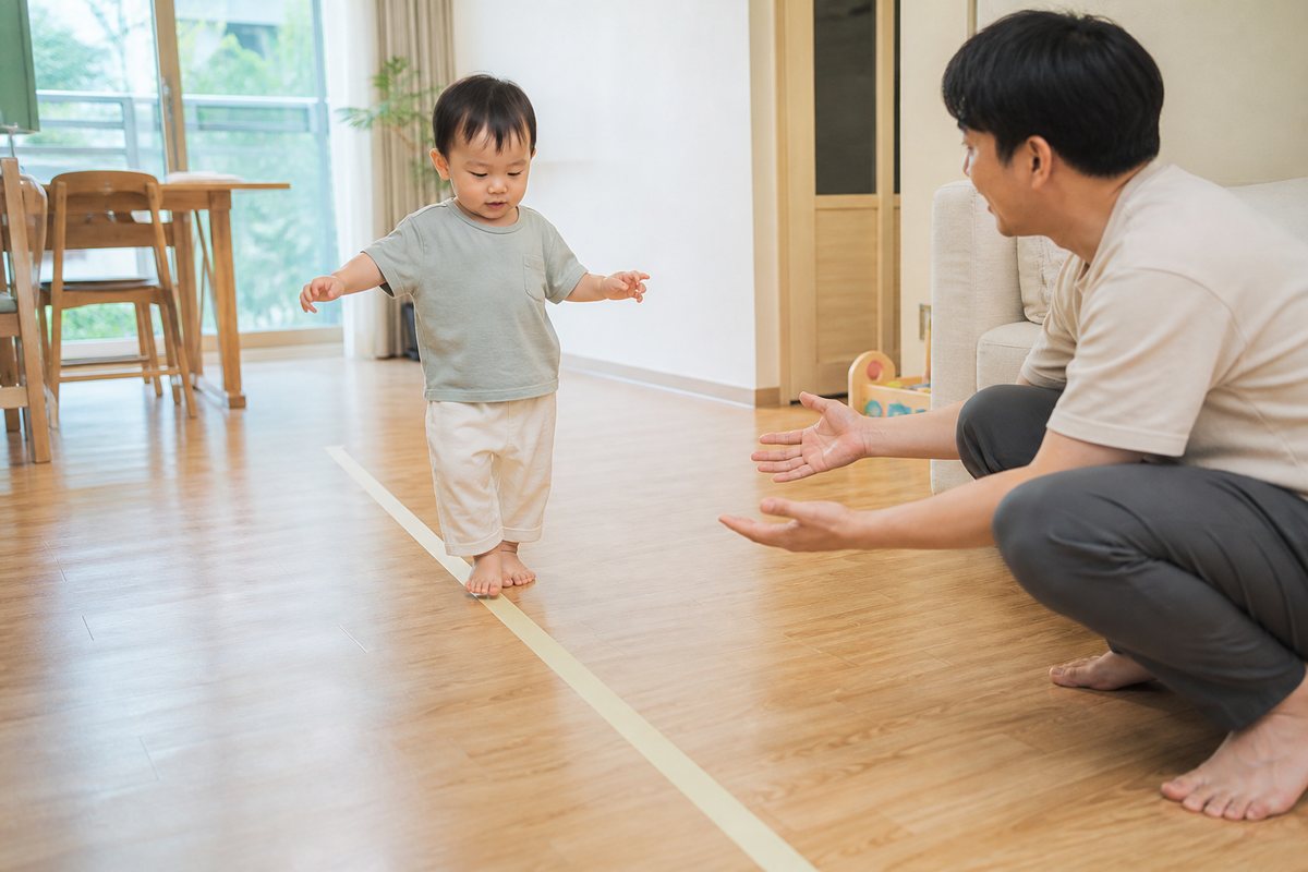 22개월 아기가 거실 바닥의 곧은 선을 따라 걷고 부모가 옆에서 지켜보는 균형놀이
