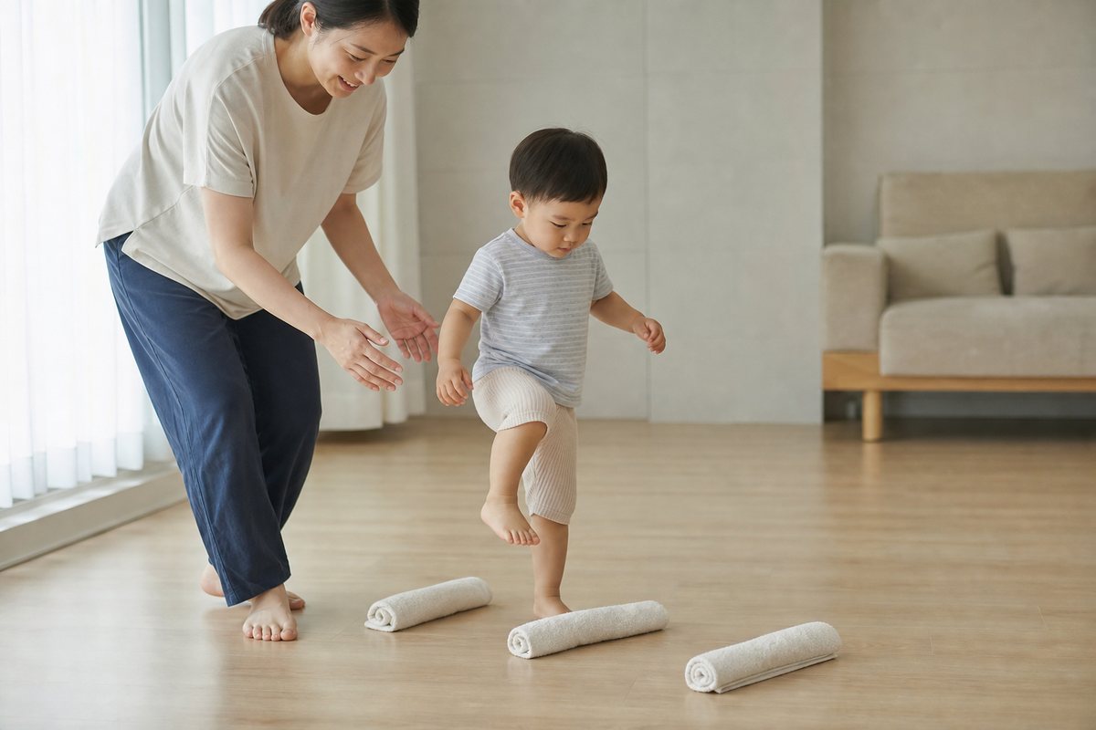 22개월 아기가 바닥에 낮게 놓인 부드러운 수건 세 개를 부모와 함께 차례로 넘는 대근육 놀이