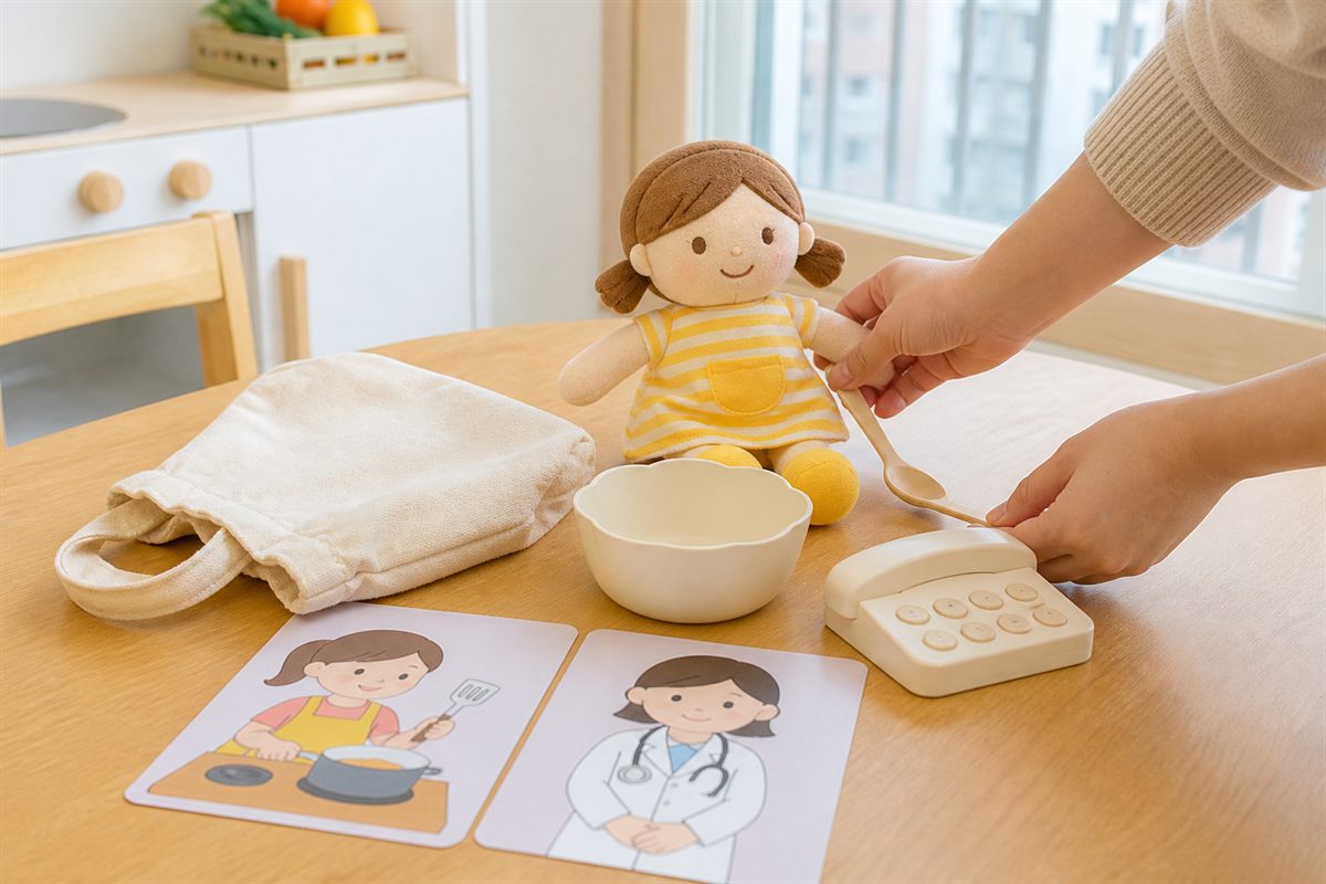 부모 손이 인형과 그릇, 장난감 전화, 그림 카드를 놓아 24개월 아기 역할놀이 순서를 도와주는 모습