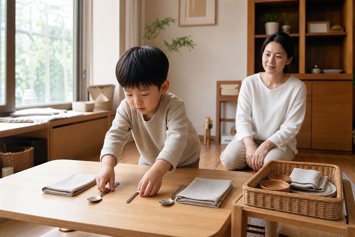 유아가 낮은 선반에서 안전한 식기를 꺼내 식탁을 차리는 모습