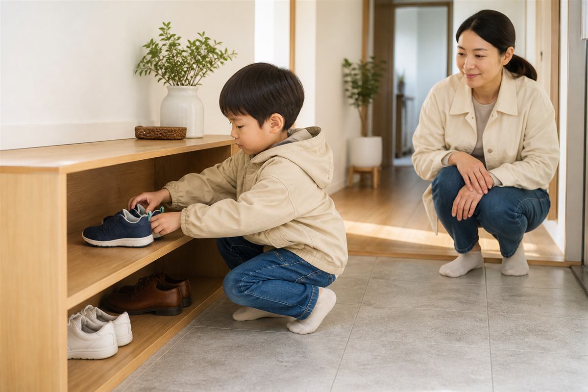 4~6세 아이가 현관의 낮은 신발장에 운동화 한 켤레를 나란히 정리하고 부모가 기다리는 모습