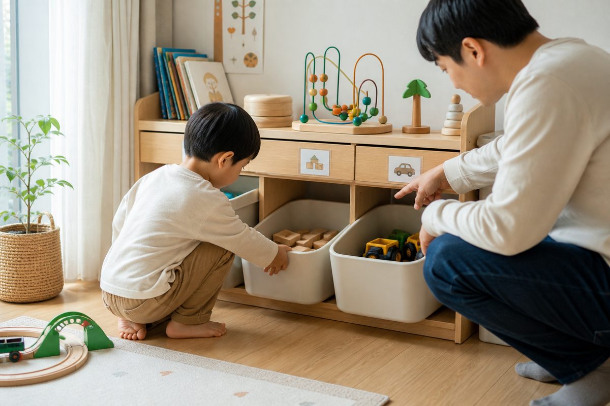 3~5세 아이가 낮은 수납함에 블록과 자동차를 나누어 정리하고 부모가 옆에서 기다리는 모습