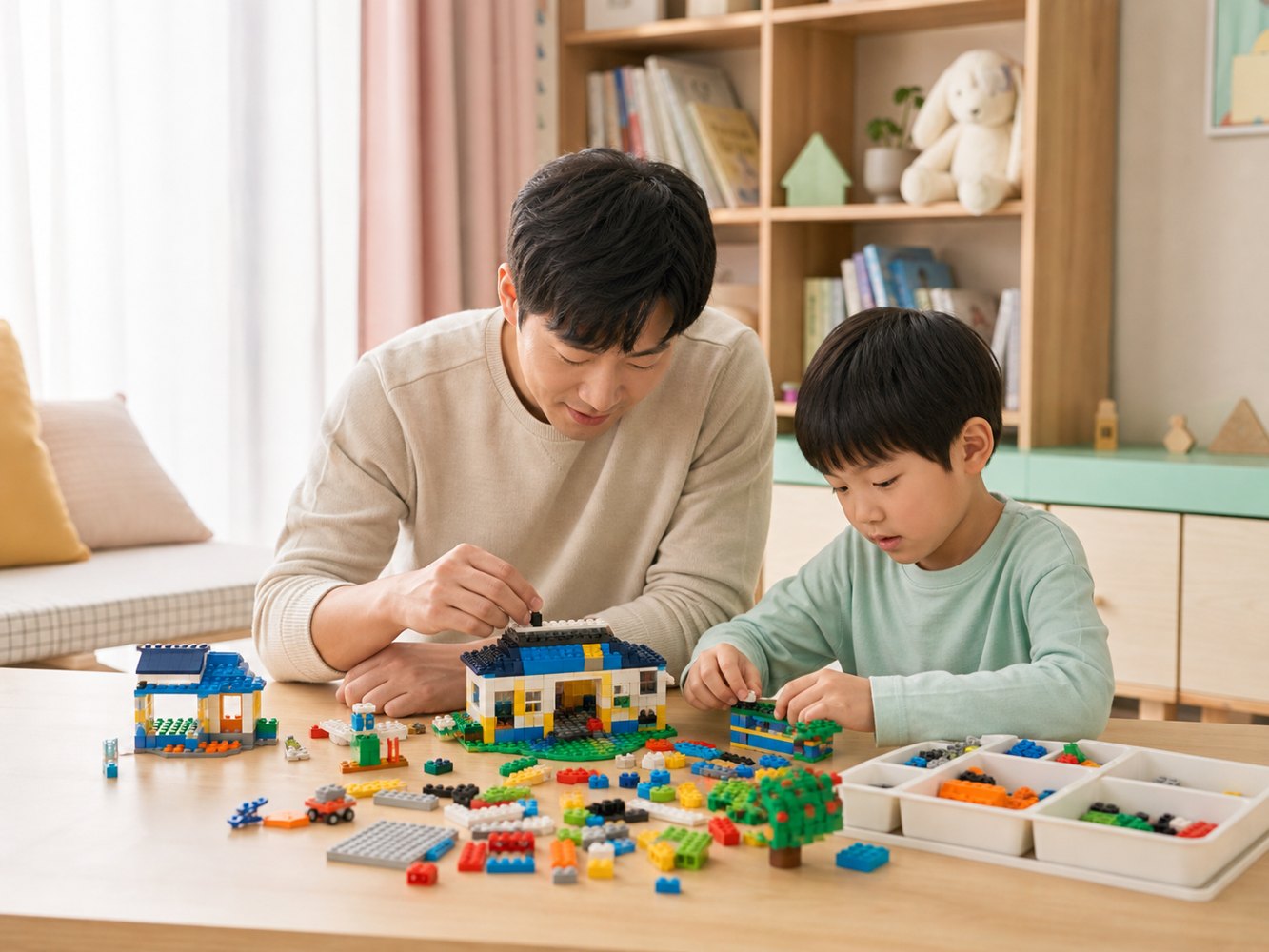 7세 아이와 부모가 레고 블록을 함께 조립하는 모습