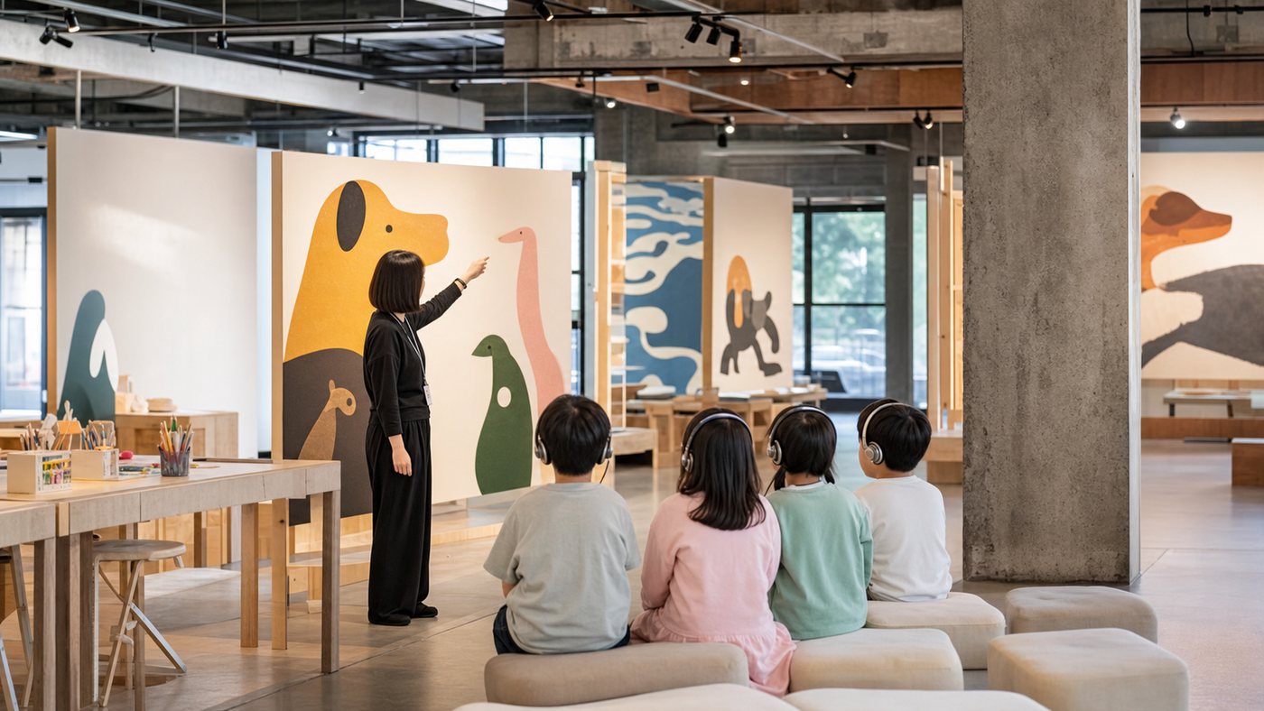 부산 F1963 어린이 도슨트 수업에서 아이들이 전시 설명을 듣는 참고 이미지