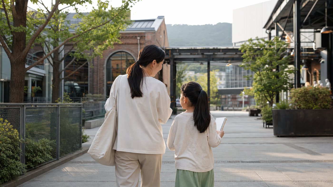 부산 F1963 문화공간에서 아이와 보호자가 체험 후 산책하는 참고 이미지