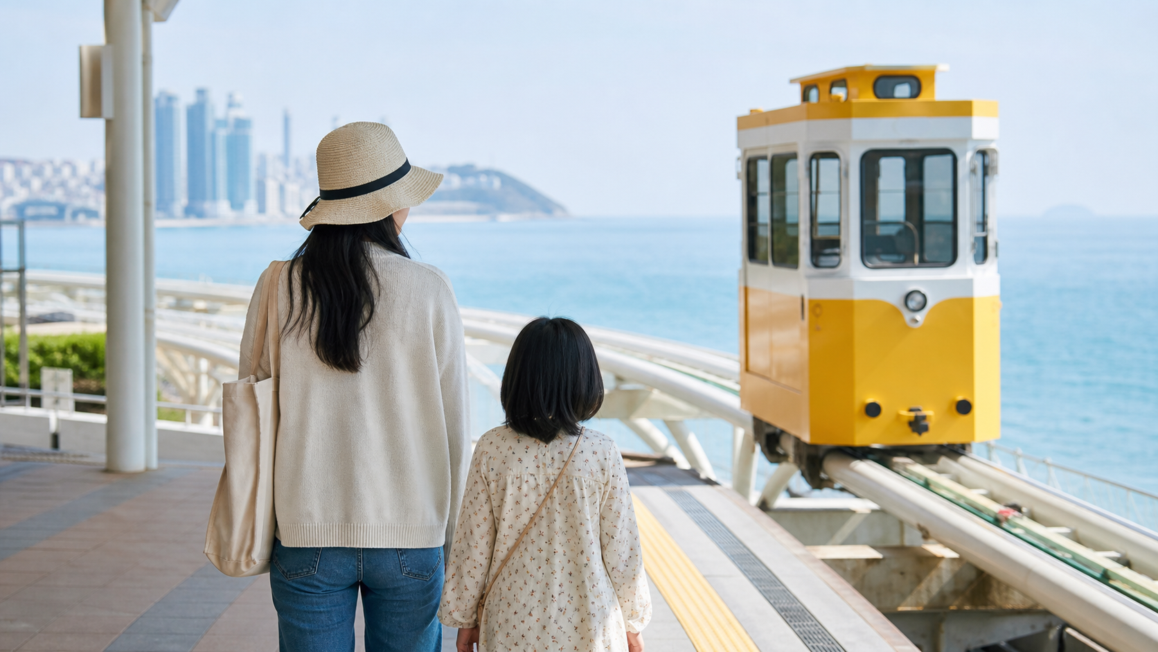 해운대 바다 옆 관광 캡슐을 기다리는 가족 참고 이미지