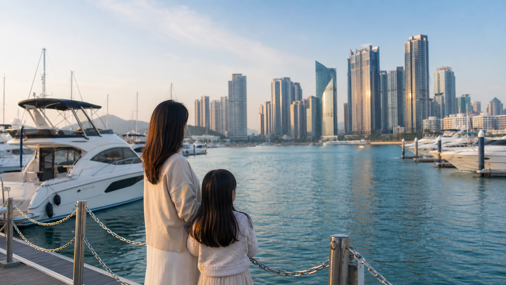 부산 더베이101 마리나에서 아이와 요트를 바라보는 가족 참고 이미지