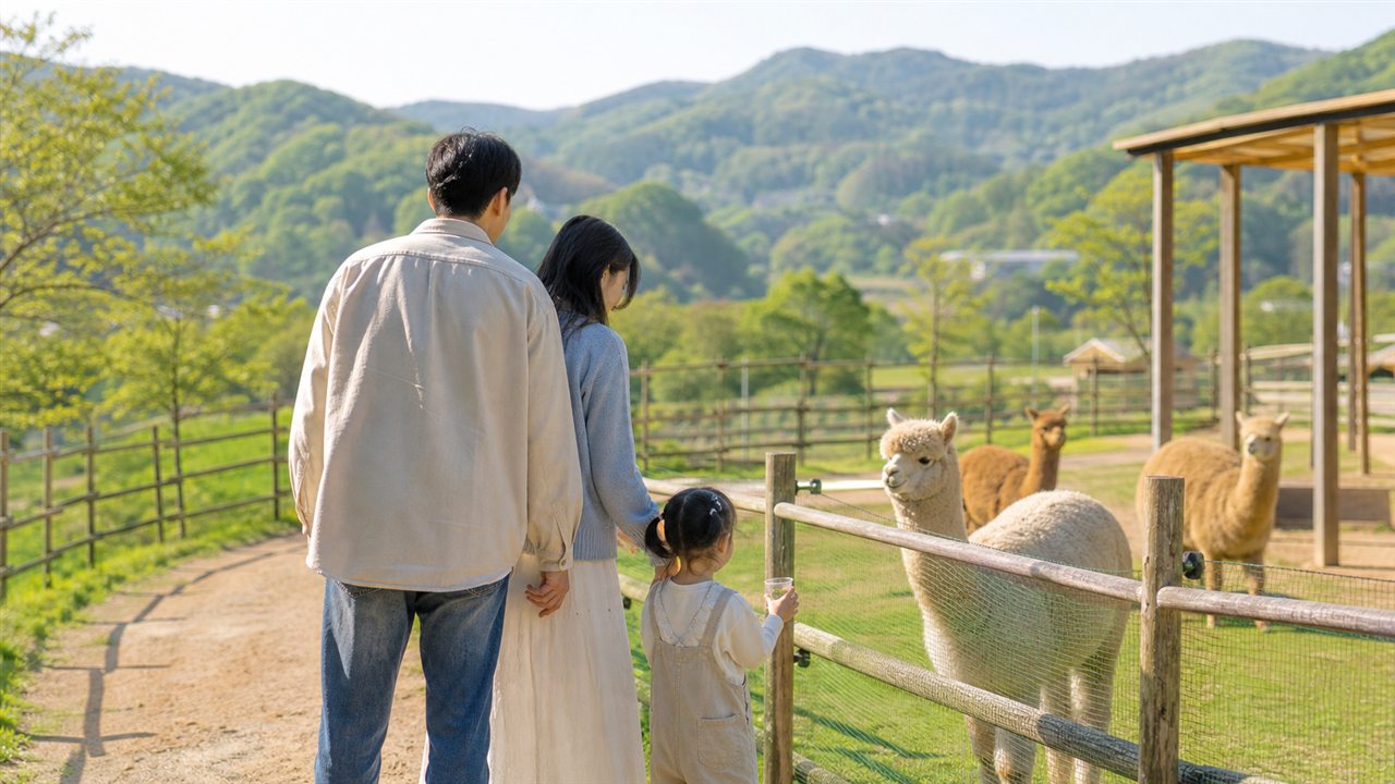 강원도 홍천 알파카월드에서 아이와 보호자가 동물을 관찰하는 참고 이미지