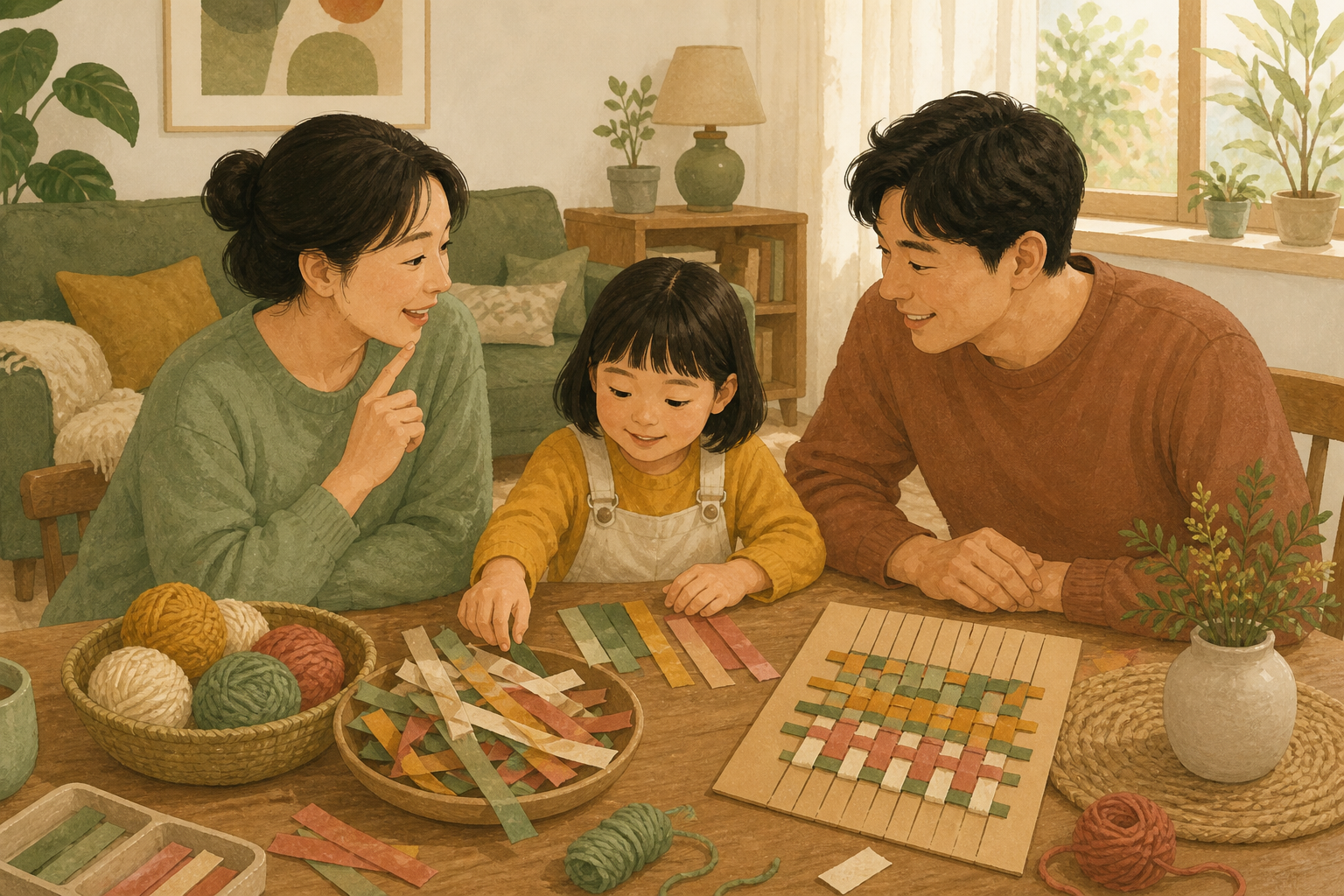 집에서 가족과 종이 직조와 색 분류 활동을 하는 모습