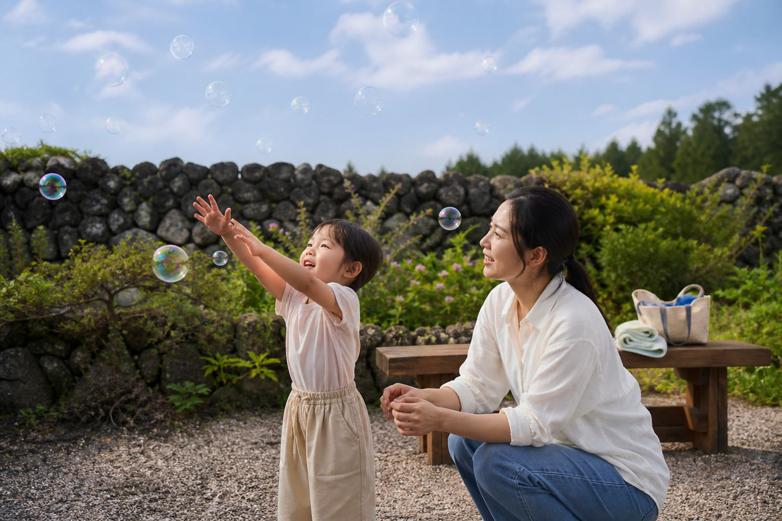 제주 돌담 정원에서 보호자와 비눗방울 움직임을 관찰하는 아이