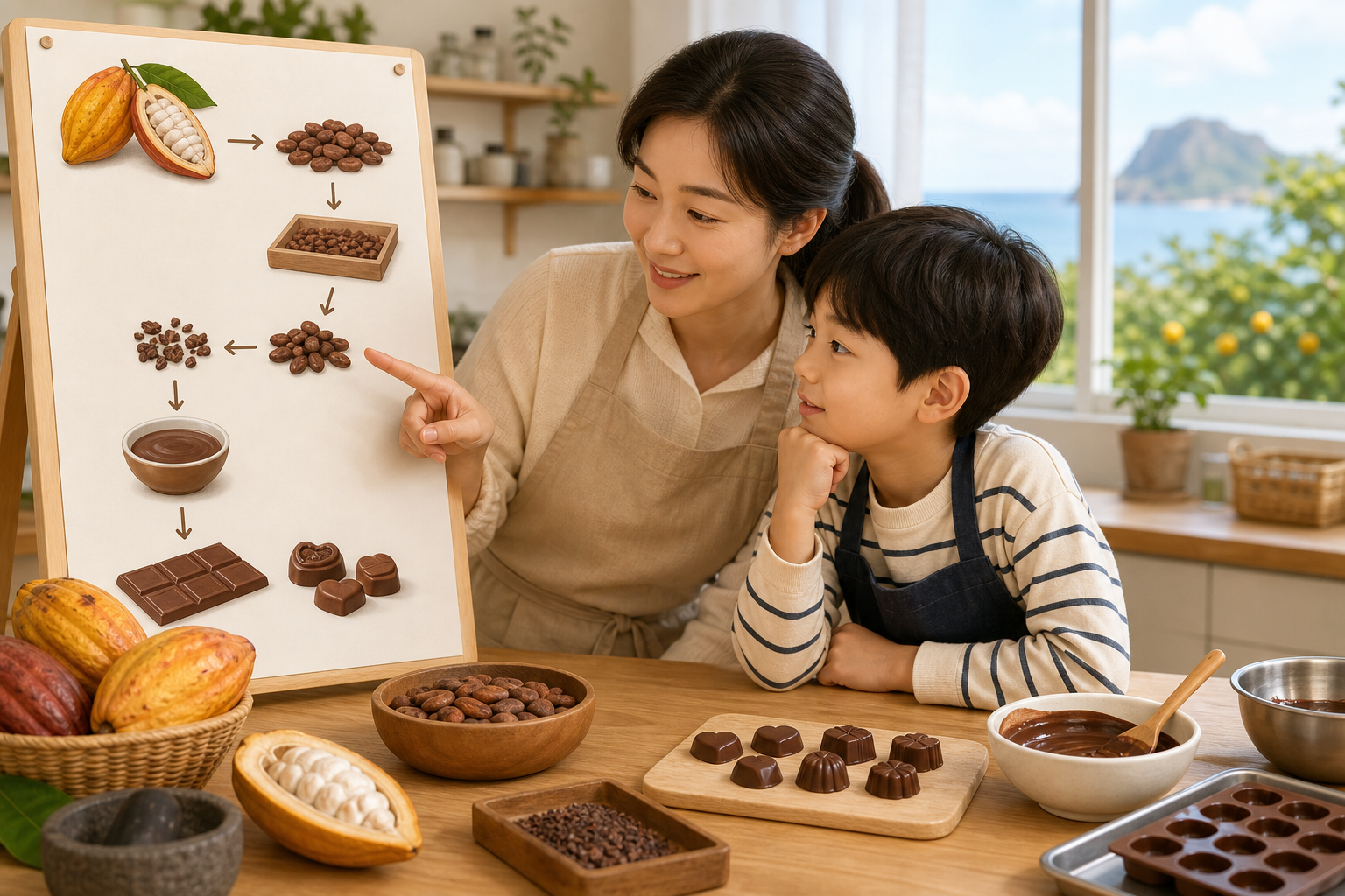 카카오에서 초콜릿이 되는 과정을 보는 부모와 아이