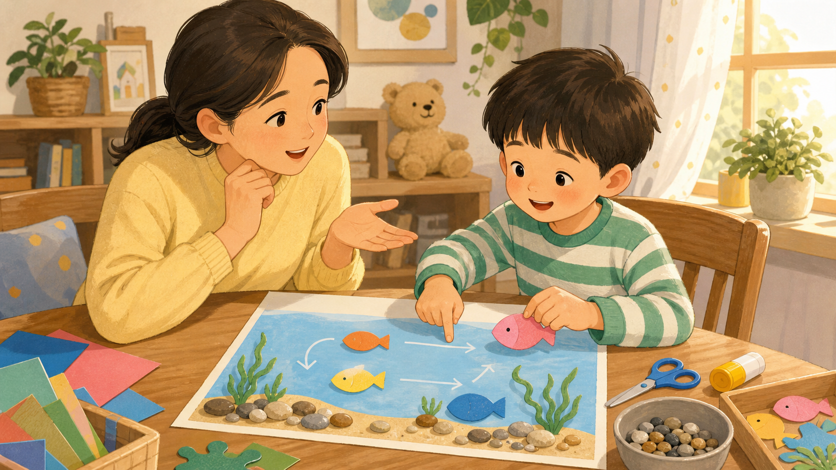 집에서 색종이 물고기와 화살표로 수조 관찰 지도를 만드는 가족 일러스트