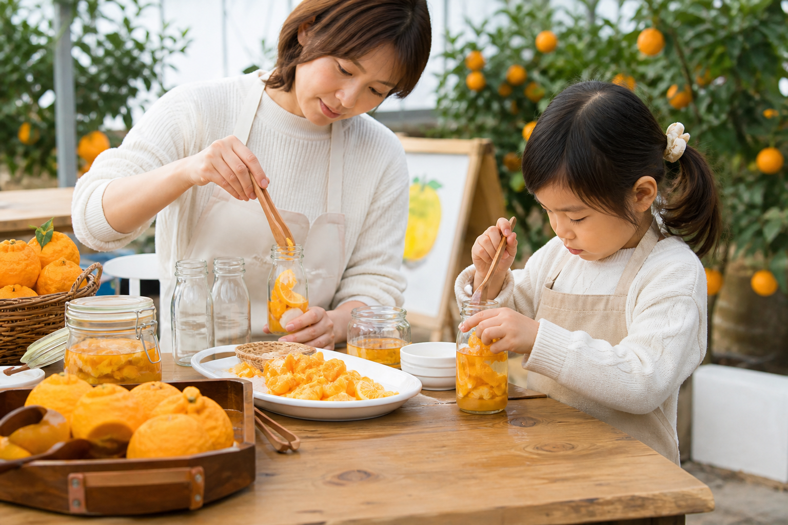 감귤밭 작업대에서 보호자와 아이가 한라봉청 병을 만드는 장면