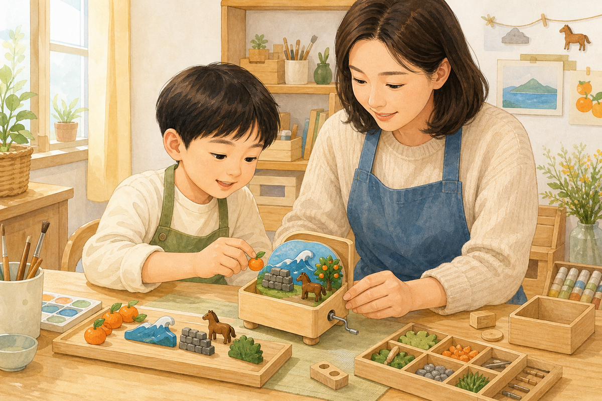 아이와 보호자가 제주 상징 장식으로 오르골을 만드는 일러스트