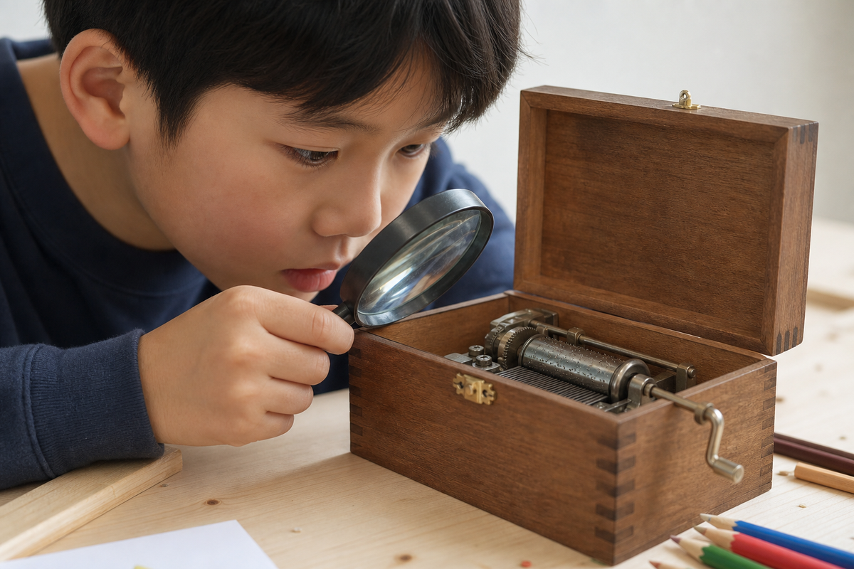 아이가 오르골 원통과 금속 빗, 톱니를 관찰하는 실사형 생성 이미지