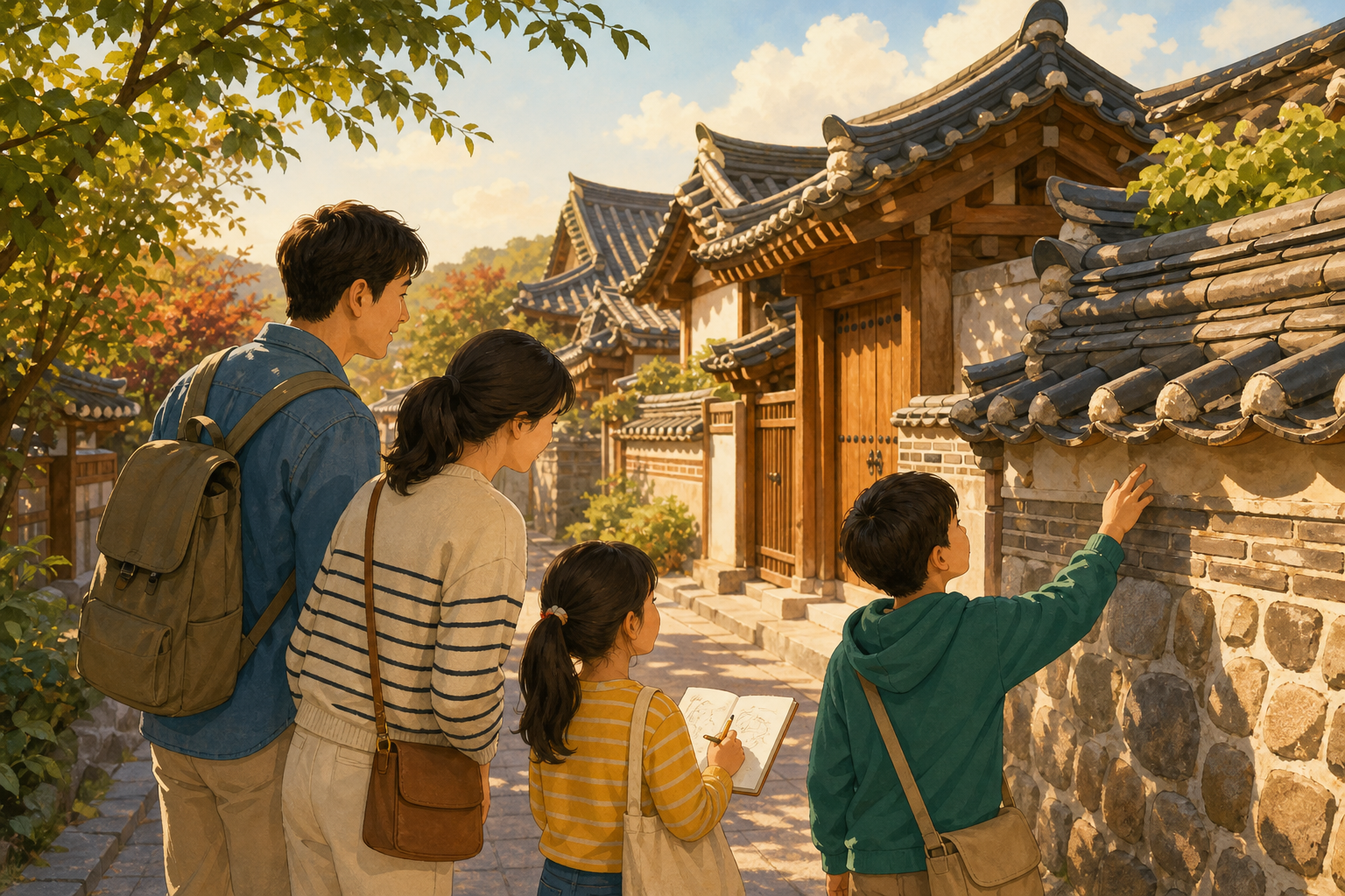 전주 한옥마을 골목에서 지붕과 담장을 관찰하는 가족의 교육용 이미지
