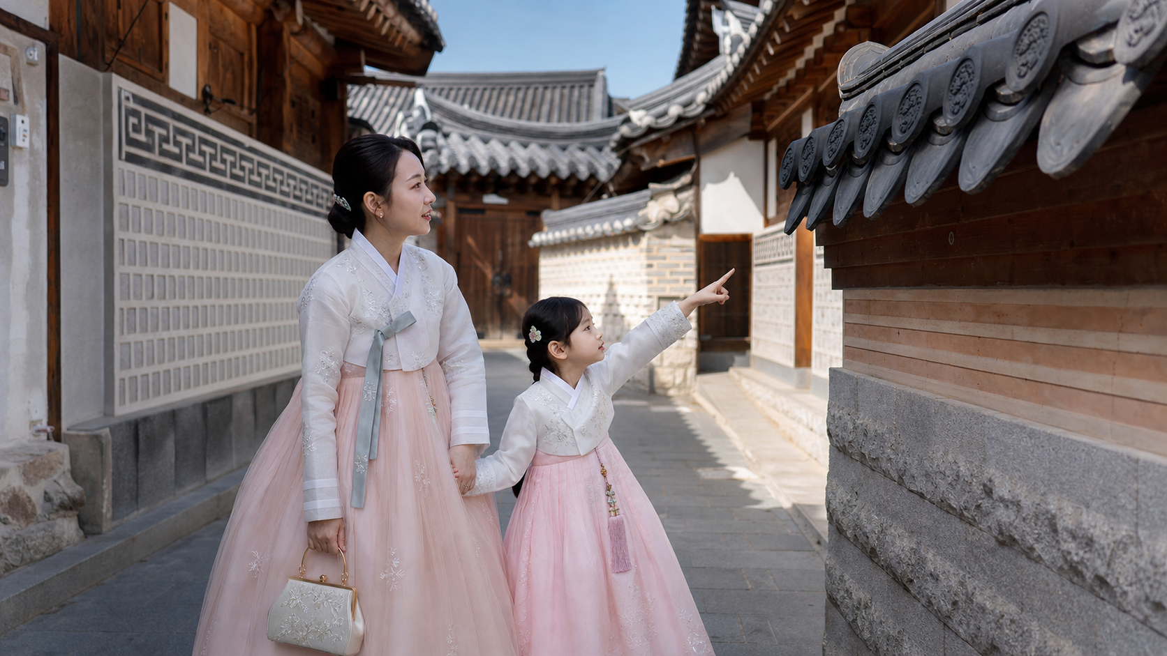 한복을 입은 부모와 아이가 한옥 지붕과 창살 무늬를 관찰하는 사진형 생성 이미지