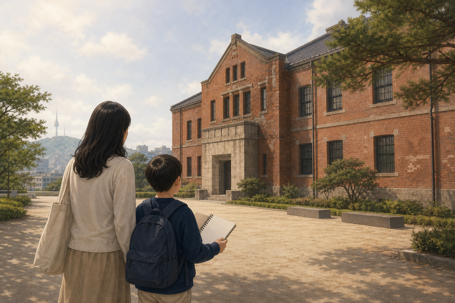 붉은 벽돌 역사관 앞에서 관찰노트를 든 부모와 아이 교육용 일러스트