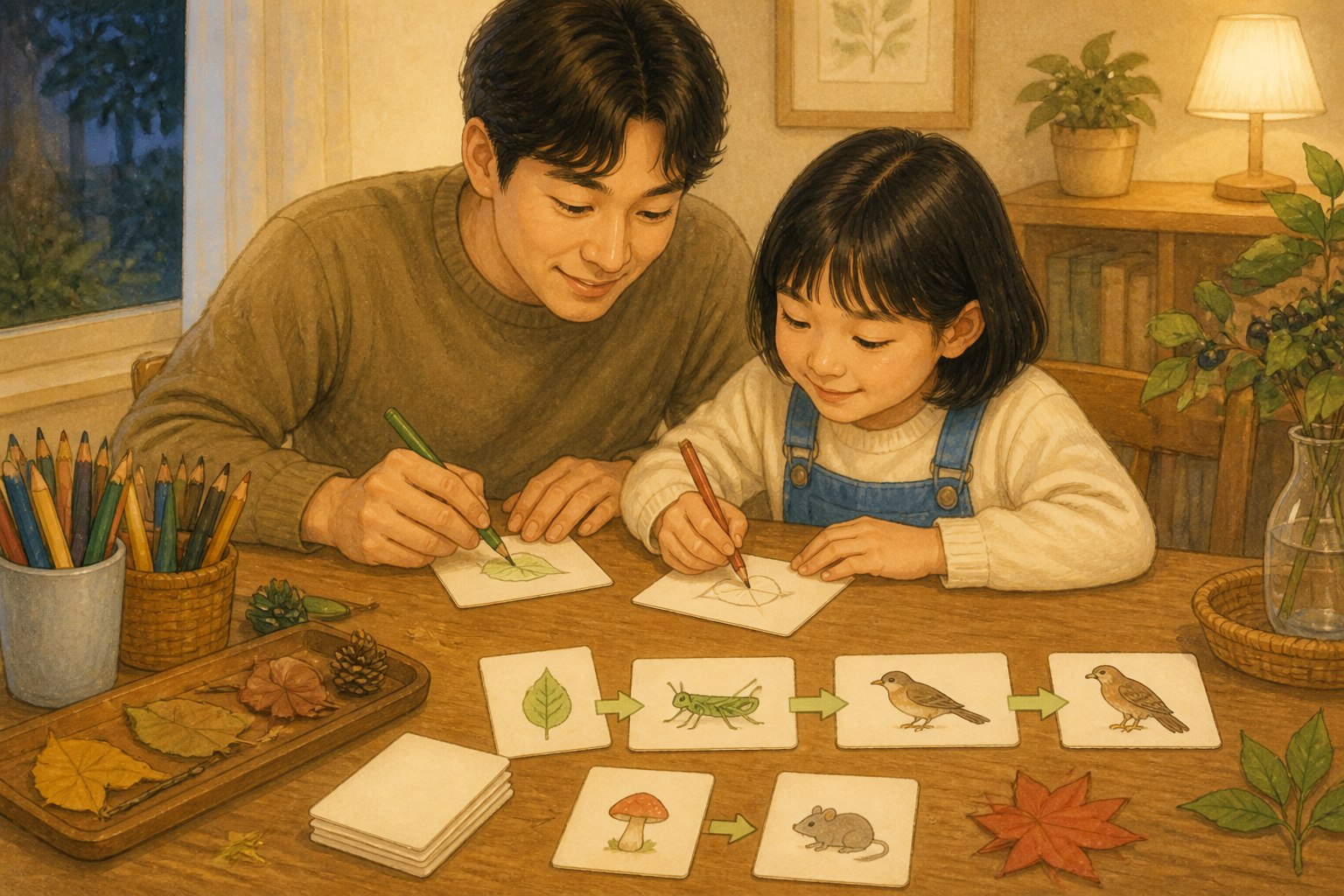 집에서 잎 그림과 생태 카드를 만드는 생성형 이미지