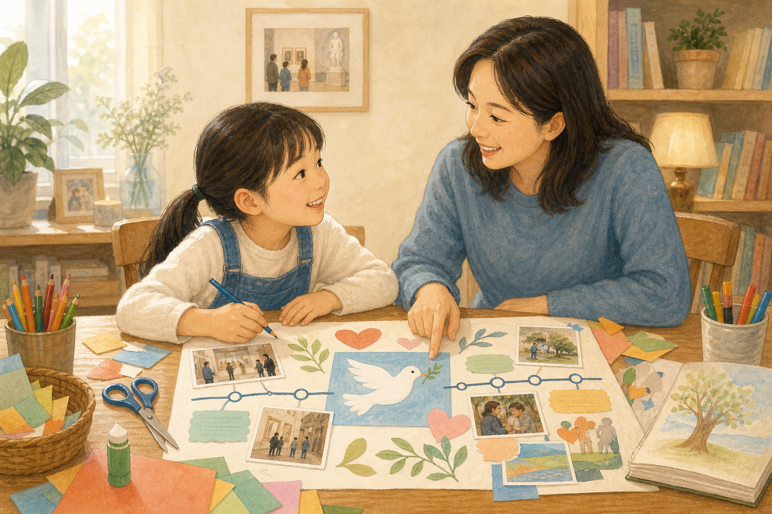 부모와 아이가 평화 연표를 만드는 생성형 이미지