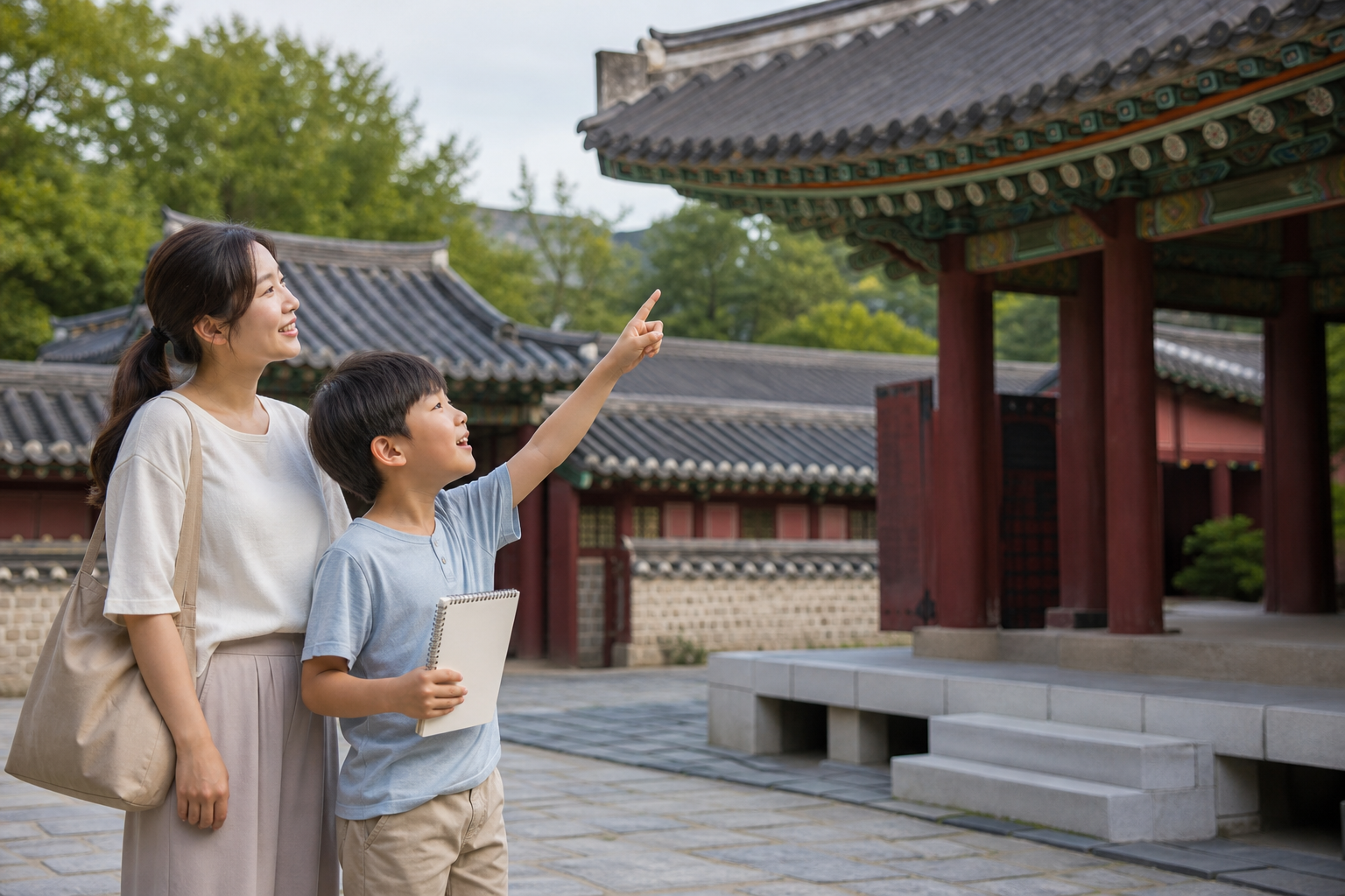 수원 화성행궁에서 지붕 구조를 관찰하는 아이와 부모 교육용 삽화
